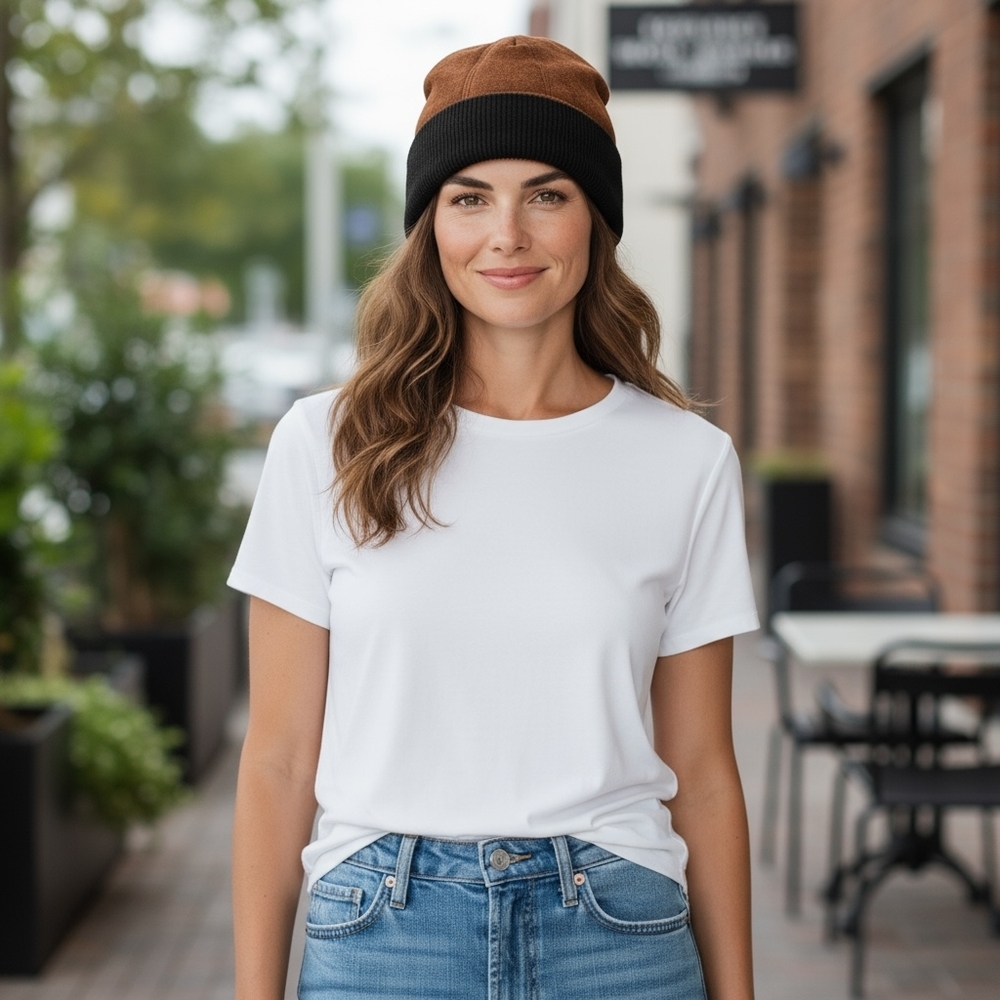 Womenâs Genuine Leather Fur Beanie Winter Hat Brown Black Excellent One Size